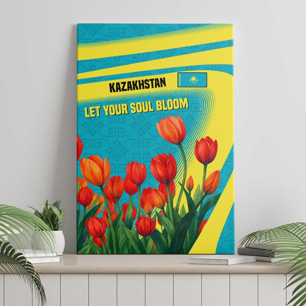 Kazakhstan National Flag Canvas Wall Art with Red Tulip Bloom and Blue Yellow Ethnic Motif