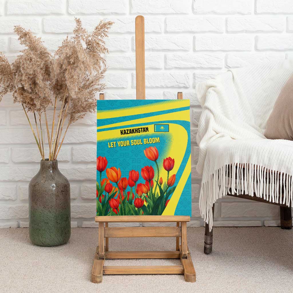 Kazakhstan National Flag Canvas Wall Art with Red Tulip Bloom and Blue Yellow Ethnic Motif