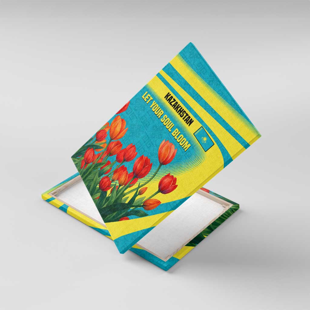 Kazakhstan National Flag Canvas Wall Art with Red Tulip Bloom and Blue Yellow Ethnic Motif
