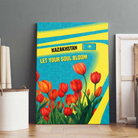 Kazakhstan National Flag Canvas Wall Art with Red Tulip Bloom and Blue Yellow Ethnic Motif