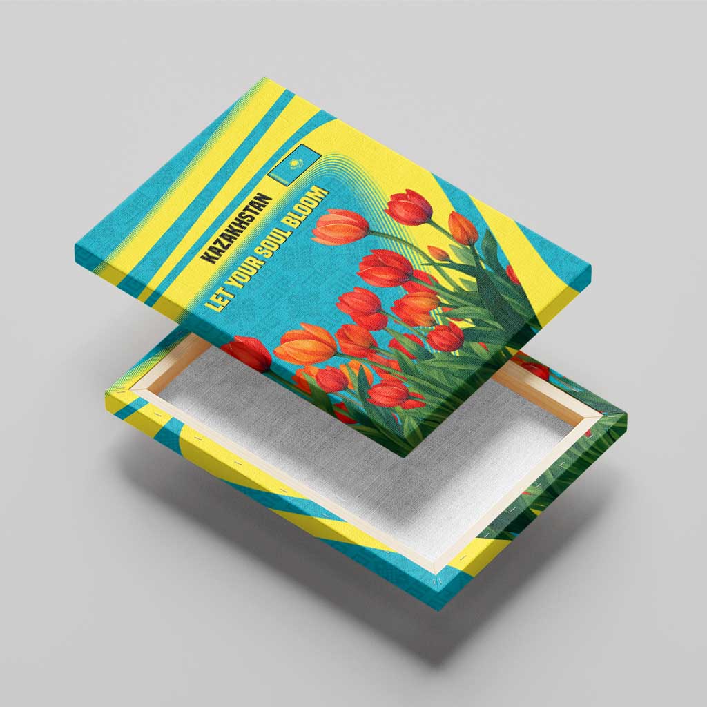 Kazakhstan National Flag Canvas Wall Art with Red Tulip Bloom and Blue Yellow Ethnic Motif