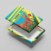 Kazakhstan National Flag Canvas Wall Art with Red Tulip Bloom and Blue Yellow Ethnic Motif