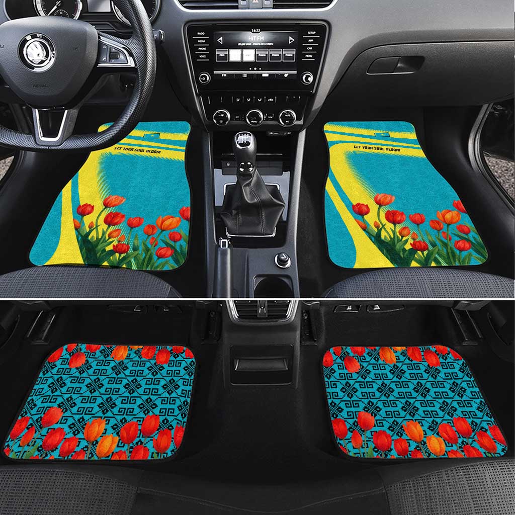 Kazakhstan National Flag Car Mats with Red Tulip Bloom and Blue Yellow Ethnic Motif