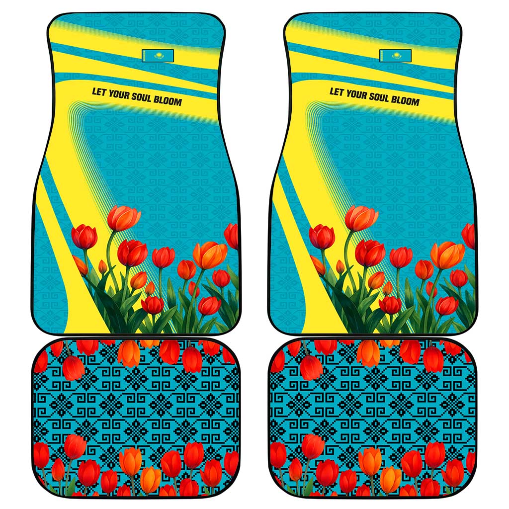 Kazakhstan National Flag Car Mats with Red Tulip Bloom and Blue Yellow Ethnic Motif