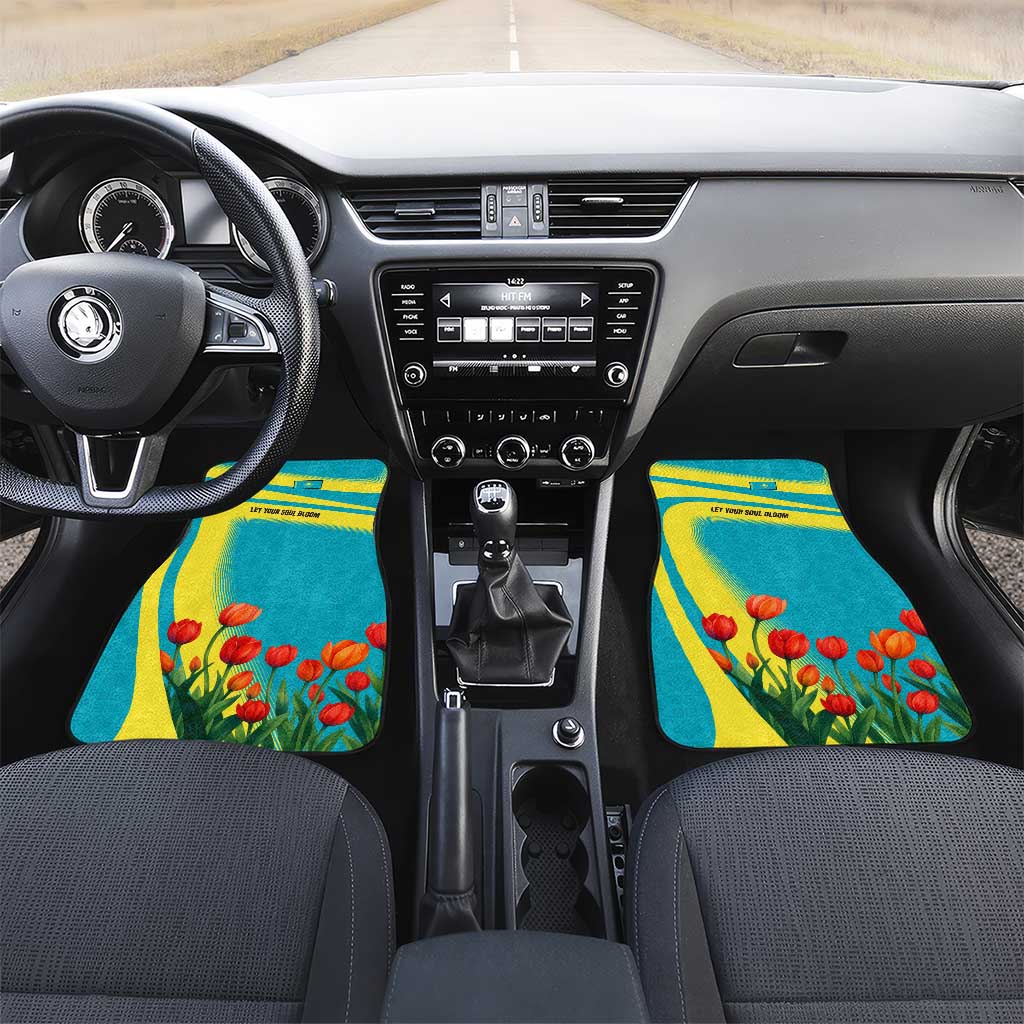 Kazakhstan National Flag Car Mats with Red Tulip Bloom and Blue Yellow Ethnic Motif
