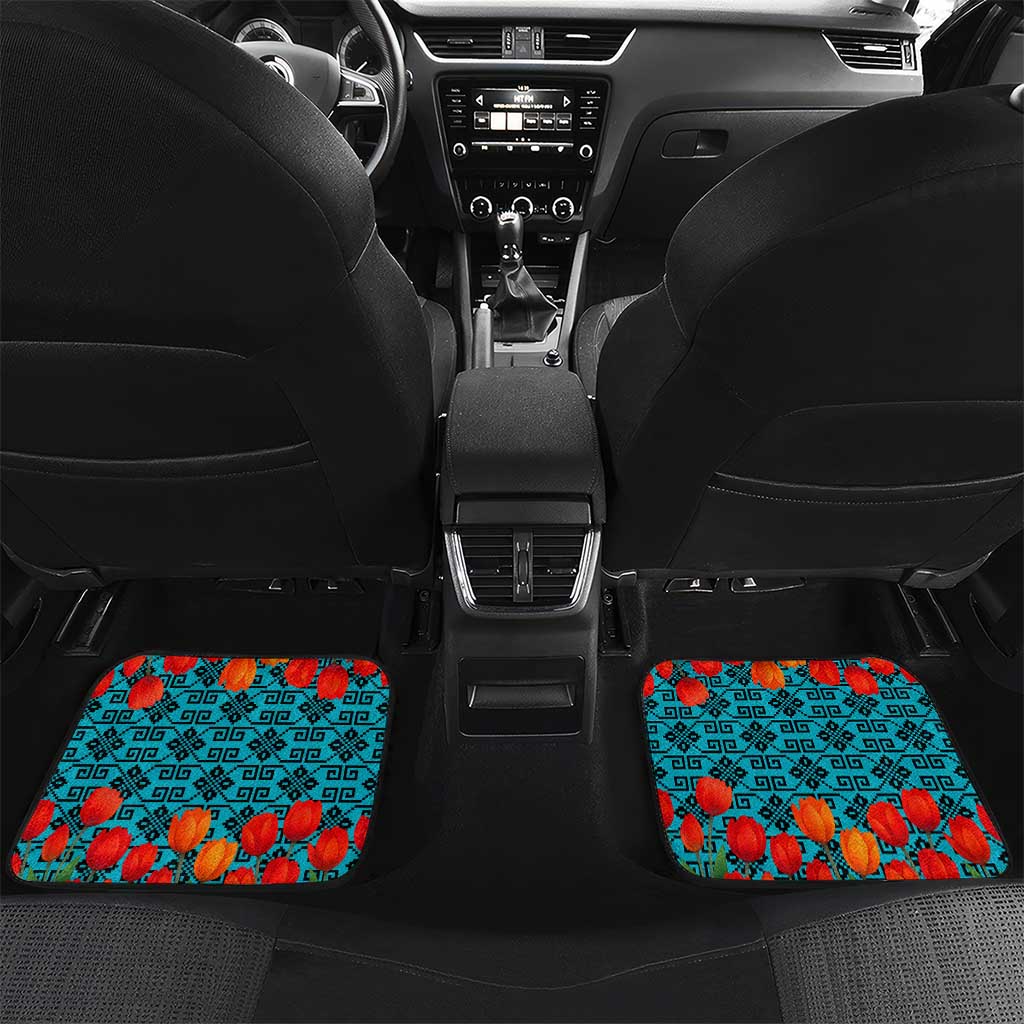 Kazakhstan National Flag Car Mats with Red Tulip Bloom and Blue Yellow Ethnic Motif