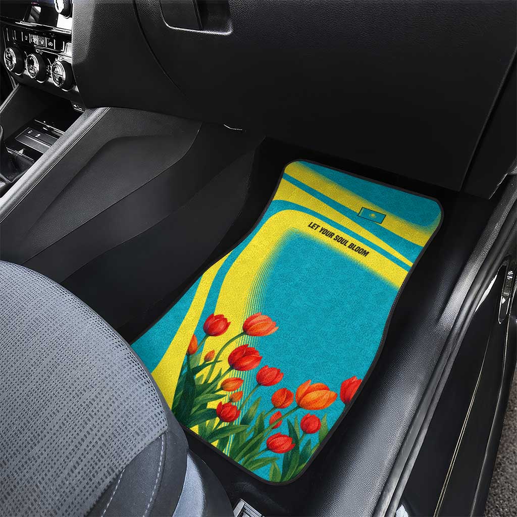 Kazakhstan National Flag Car Mats with Red Tulip Bloom and Blue Yellow Ethnic Motif