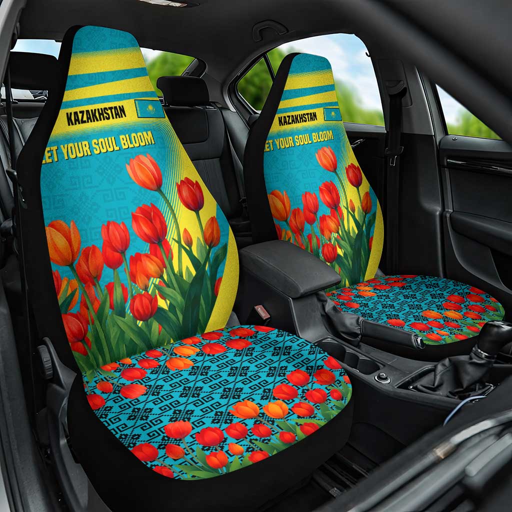 Kazakhstan National Flag Car Seat Cover with Red Tulip Bloom and Blue Yellow Ethnic Motif