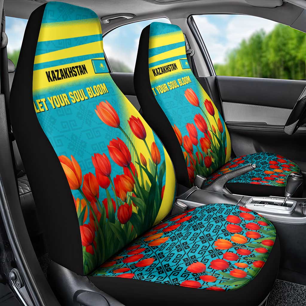 Kazakhstan National Flag Car Seat Cover with Red Tulip Bloom and Blue Yellow Ethnic Motif