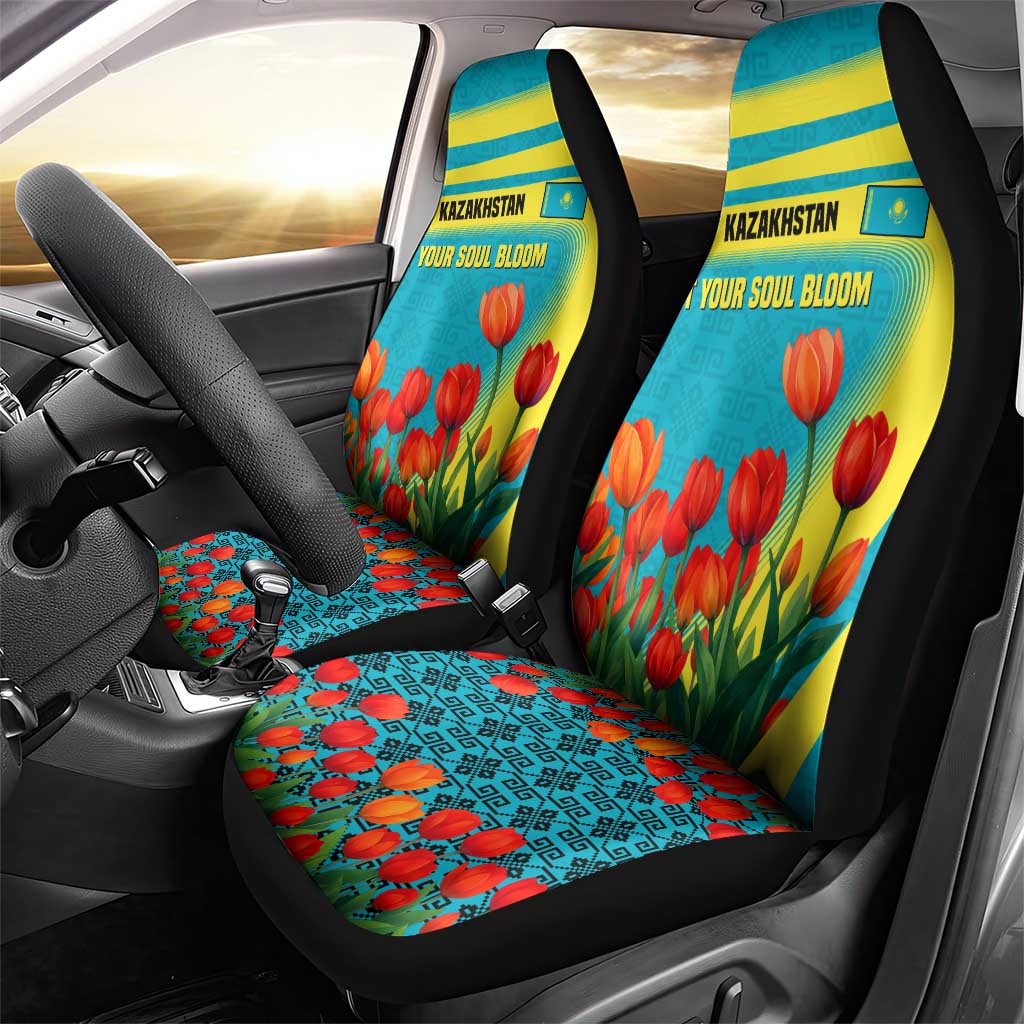 Kazakhstan National Flag Car Seat Cover with Red Tulip Bloom and Blue Yellow Ethnic Motif