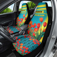 Kazakhstan National Flag Car Seat Cover with Red Tulip Bloom and Blue Yellow Ethnic Motif