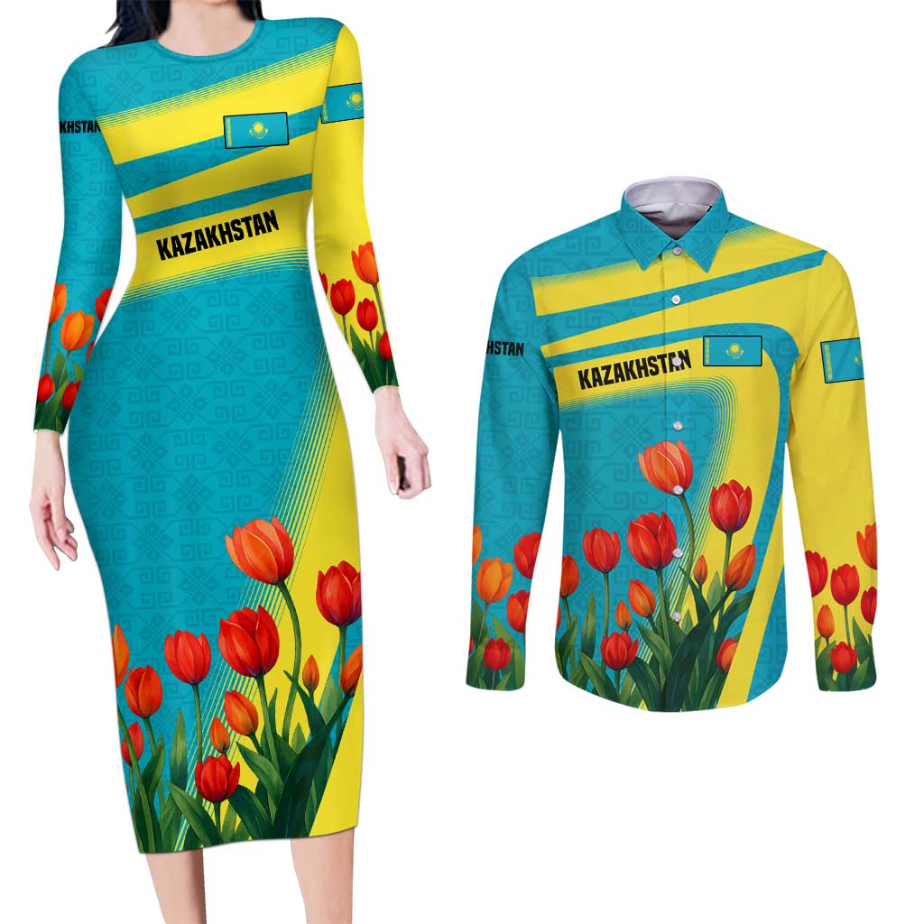 Kazakhstan National Flag Couples Matching Long Sleeve Bodycon Dress and Long Sleeve Button Shirt with Red Tulip Bloom and Blue Yellow Ethnic Motif