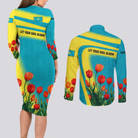 Kazakhstan National Flag Couples Matching Long Sleeve Bodycon Dress and Long Sleeve Button Shirt with Red Tulip Bloom and Blue Yellow Ethnic Motif