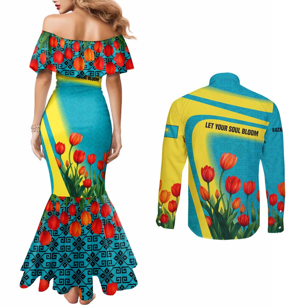 Kazakhstan National Flag Couples Matching Mermaid Dress and Long Sleeve Button Shirt with Red Tulip Bloom and Blue Yellow Ethnic Motif