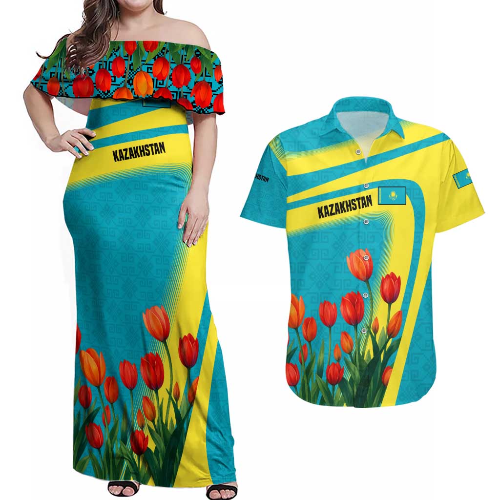 Kazakhstan National Flag Couples Matching Off Shoulder Maxi Dress and Hawaiian Shirt with Red Tulip Bloom and Blue Yellow Ethnic Motif