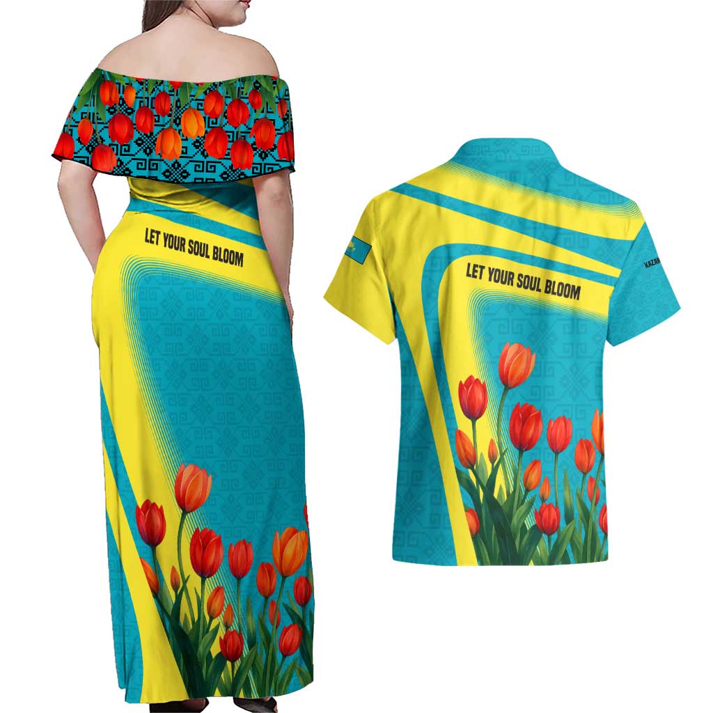 Kazakhstan National Flag Couples Matching Off Shoulder Maxi Dress and Hawaiian Shirt with Red Tulip Bloom and Blue Yellow Ethnic Motif