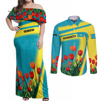 Kazakhstan National Flag Couples Matching Off Shoulder Maxi Dress and Long Sleeve Button Shirt with Red Tulip Bloom and Blue Yellow Ethnic Motif