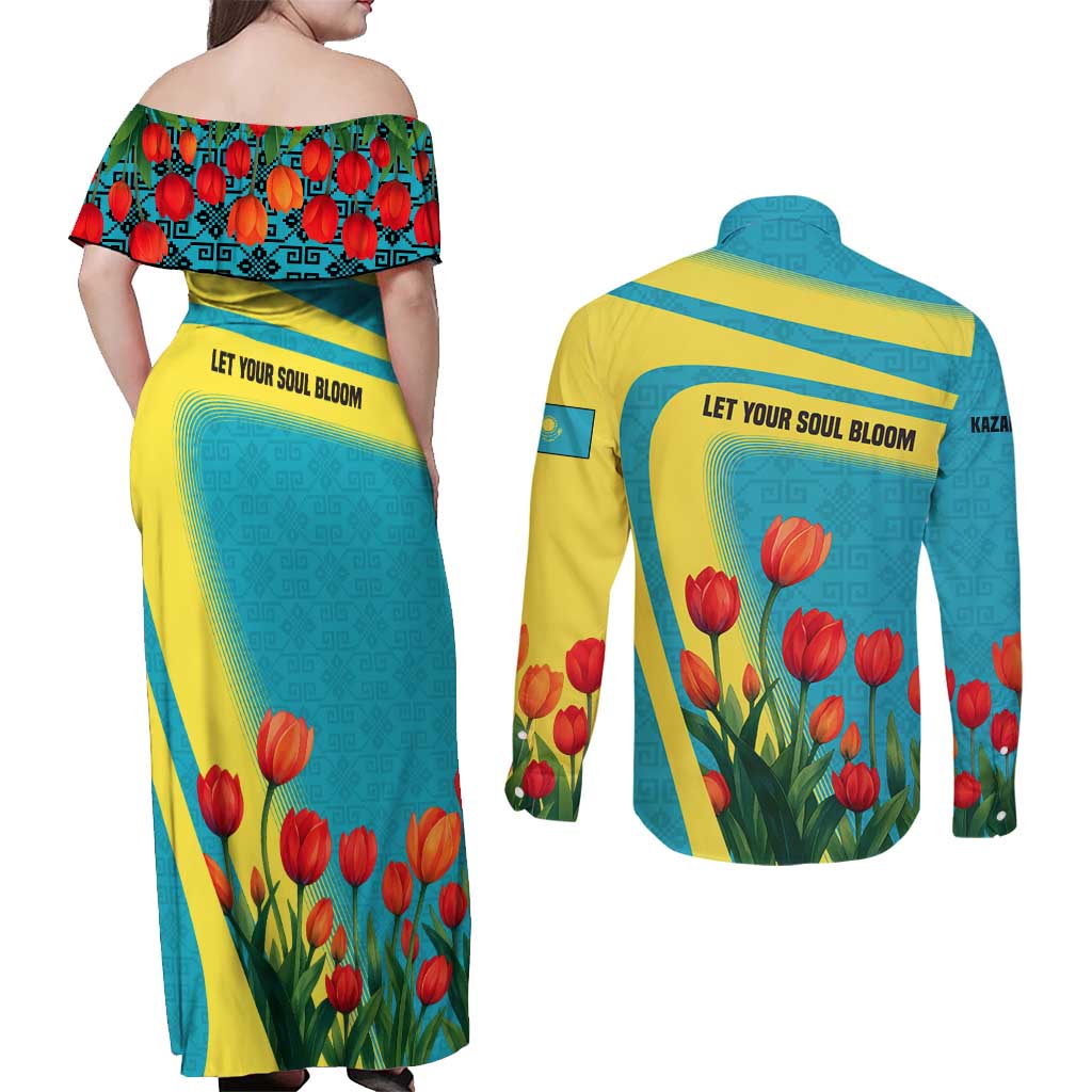 Kazakhstan National Flag Couples Matching Off Shoulder Maxi Dress and Long Sleeve Button Shirt with Red Tulip Bloom and Blue Yellow Ethnic Motif