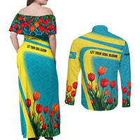 Kazakhstan National Flag Couples Matching Off Shoulder Maxi Dress and Long Sleeve Button Shirt with Red Tulip Bloom and Blue Yellow Ethnic Motif