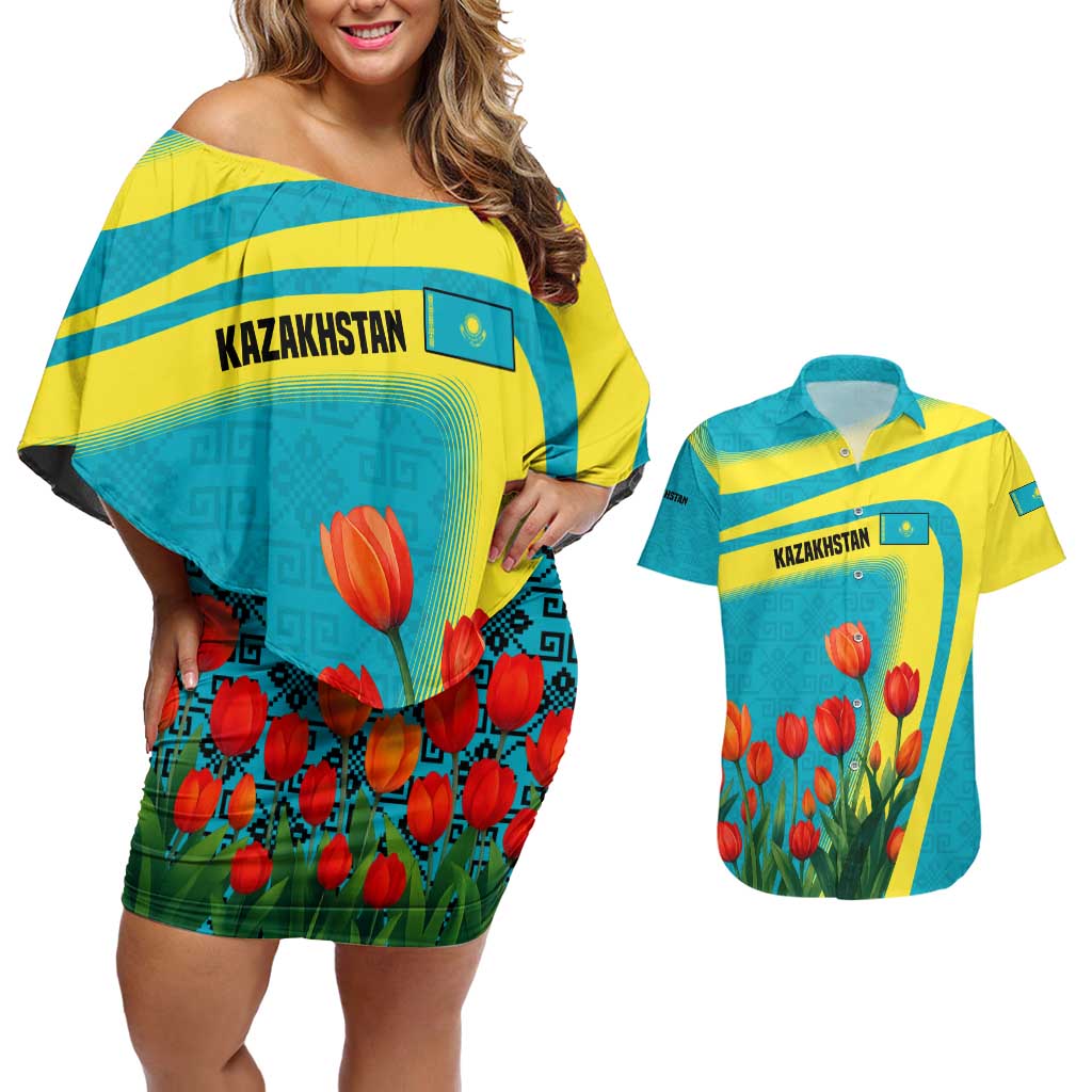 Kazakhstan National Flag Couples Matching Off Shoulder Short Dress and Hawaiian Shirt with Red Tulip Bloom and Blue Yellow Ethnic Motif