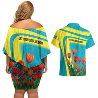 Kazakhstan National Flag Couples Matching Off Shoulder Short Dress and Hawaiian Shirt with Red Tulip Bloom and Blue Yellow Ethnic Motif