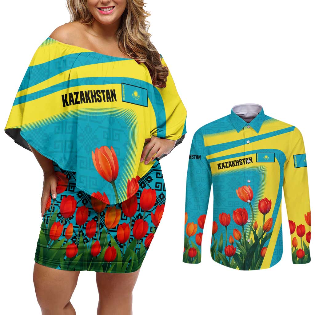Kazakhstan National Flag Couples Matching Off Shoulder Short Dress and Long Sleeve Button Shirt with Red Tulip Bloom and Blue Yellow Ethnic Motif
