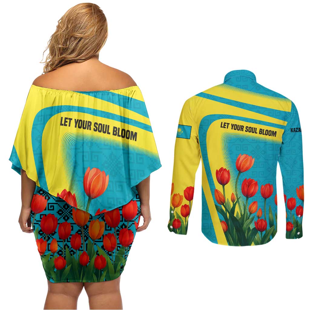 Kazakhstan National Flag Couples Matching Off Shoulder Short Dress and Long Sleeve Button Shirt with Red Tulip Bloom and Blue Yellow Ethnic Motif