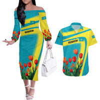 Kazakhstan National Flag Couples Matching Off The Shoulder Long Sleeve Dress and Hawaiian Shirt with Red Tulip Bloom and Blue Yellow Ethnic Motif
