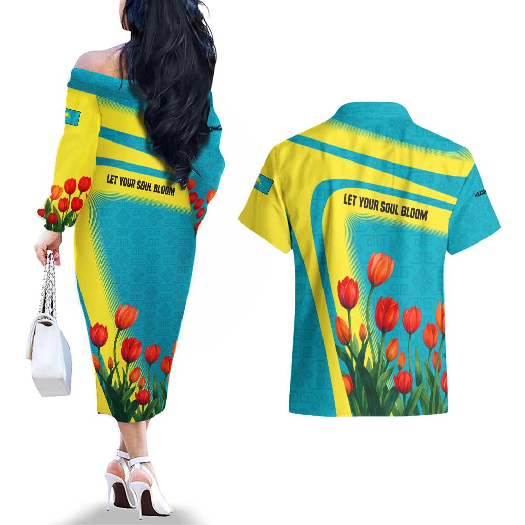 Kazakhstan National Flag Couples Matching Off The Shoulder Long Sleeve Dress and Hawaiian Shirt with Red Tulip Bloom and Blue Yellow Ethnic Motif