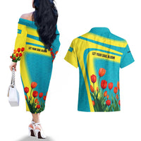 Kazakhstan National Flag Couples Matching Off The Shoulder Long Sleeve Dress and Hawaiian Shirt with Red Tulip Bloom and Blue Yellow Ethnic Motif