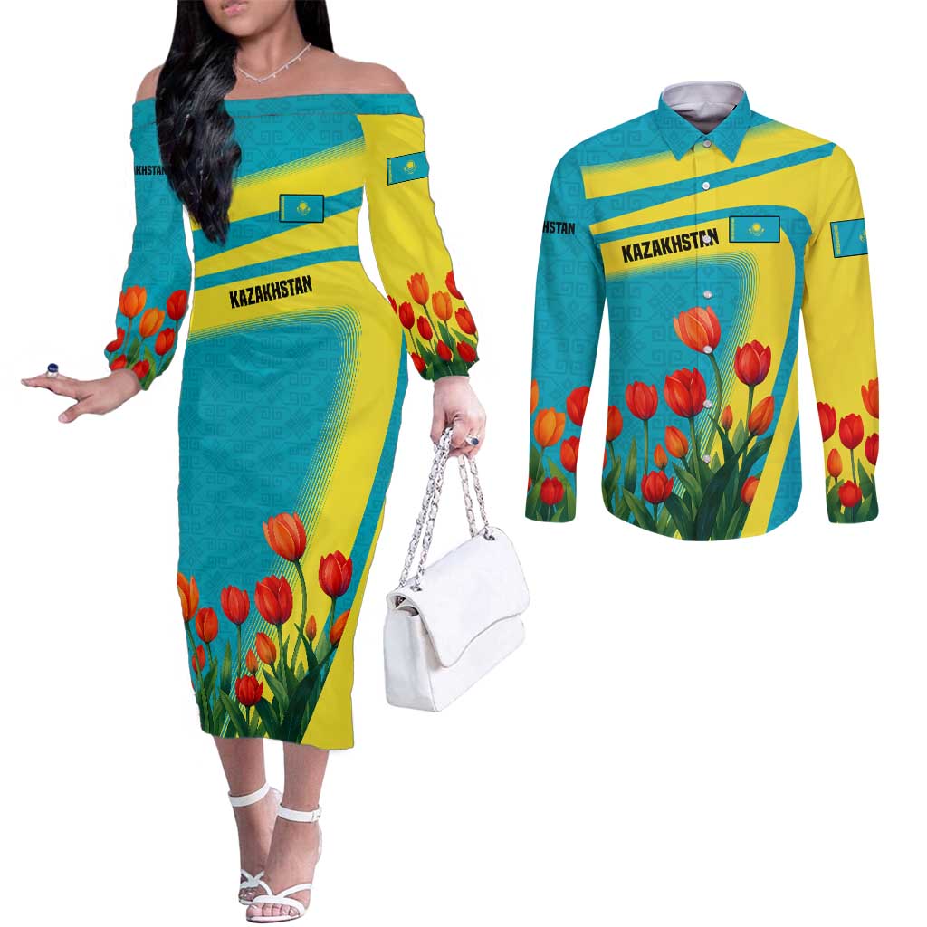 Kazakhstan National Flag Couples Matching Off The Shoulder Long Sleeve Dress and Long Sleeve Button Shirt with Red Tulip Bloom and Blue Yellow Ethnic Motif
