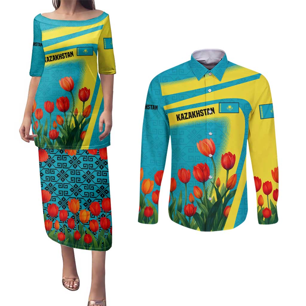 Kazakhstan National Flag Couples Matching Puletasi and Long Sleeve Button Shirt with Red Tulip Bloom and Blue Yellow Ethnic Motif