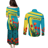 Kazakhstan National Flag Couples Matching Puletasi and Long Sleeve Button Shirt with Red Tulip Bloom and Blue Yellow Ethnic Motif