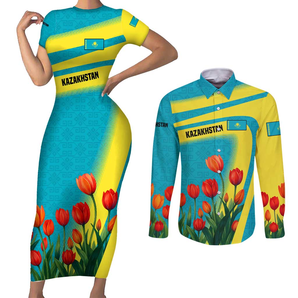 Kazakhstan National Flag Couples Matching Short Sleeve Bodycon Dress and Long Sleeve Button Shirt with Red Tulip Bloom and Blue Yellow Ethnic Motif