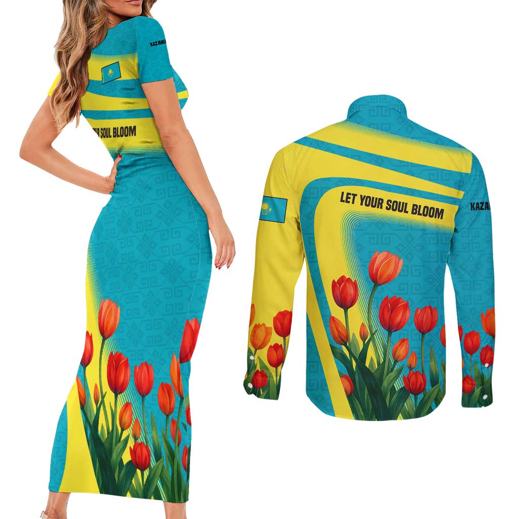 Kazakhstan National Flag Couples Matching Short Sleeve Bodycon Dress and Long Sleeve Button Shirt with Red Tulip Bloom and Blue Yellow Ethnic Motif