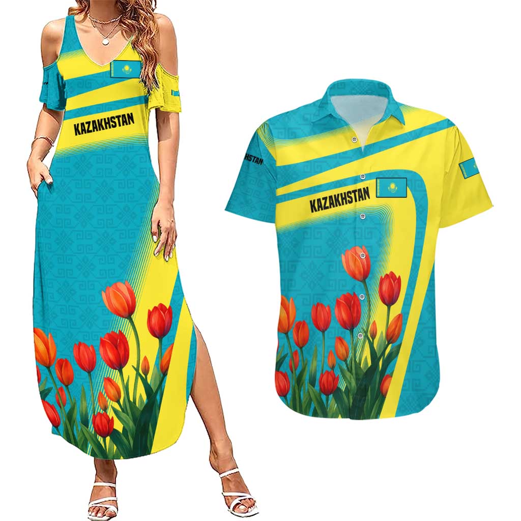 Kazakhstan National Flag Couples Matching Summer Maxi Dress and Hawaiian Shirt with Red Tulip Bloom and Blue Yellow Ethnic Motif