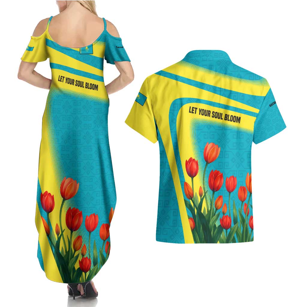 Kazakhstan National Flag Couples Matching Summer Maxi Dress and Hawaiian Shirt with Red Tulip Bloom and Blue Yellow Ethnic Motif