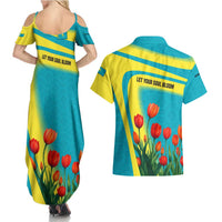 Kazakhstan National Flag Couples Matching Summer Maxi Dress and Hawaiian Shirt with Red Tulip Bloom and Blue Yellow Ethnic Motif