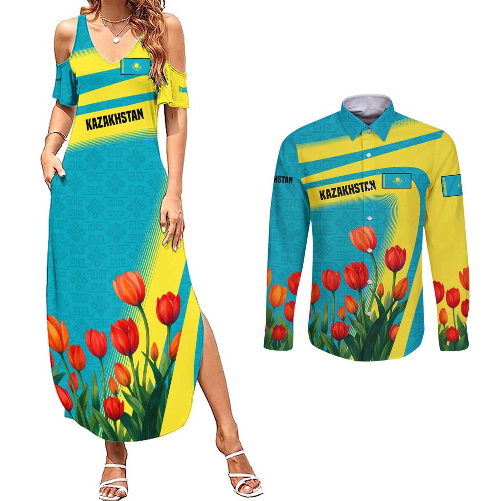 Kazakhstan National Flag Couples Matching Summer Maxi Dress and Long Sleeve Button Shirt with Red Tulip Bloom and Blue Yellow Ethnic Motif