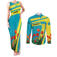 Kazakhstan National Flag Couples Matching Tank Maxi Dress and Long Sleeve Button Shirt with Red Tulip Bloom and Blue Yellow Ethnic Motif