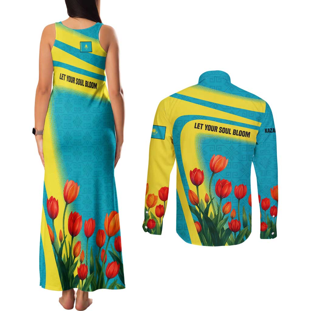 Kazakhstan National Flag Couples Matching Tank Maxi Dress and Long Sleeve Button Shirt with Red Tulip Bloom and Blue Yellow Ethnic Motif