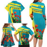 Kazakhstan National Flag Family Matching Long Sleeve Bodycon Dress and Hawaiian Shirt with Red Tulip Bloom and Blue Yellow Ethnic Motif