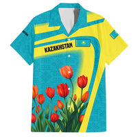 Kazakhstan National Flag Family Matching Long Sleeve Bodycon Dress and Hawaiian Shirt with Red Tulip Bloom and Blue Yellow Ethnic Motif