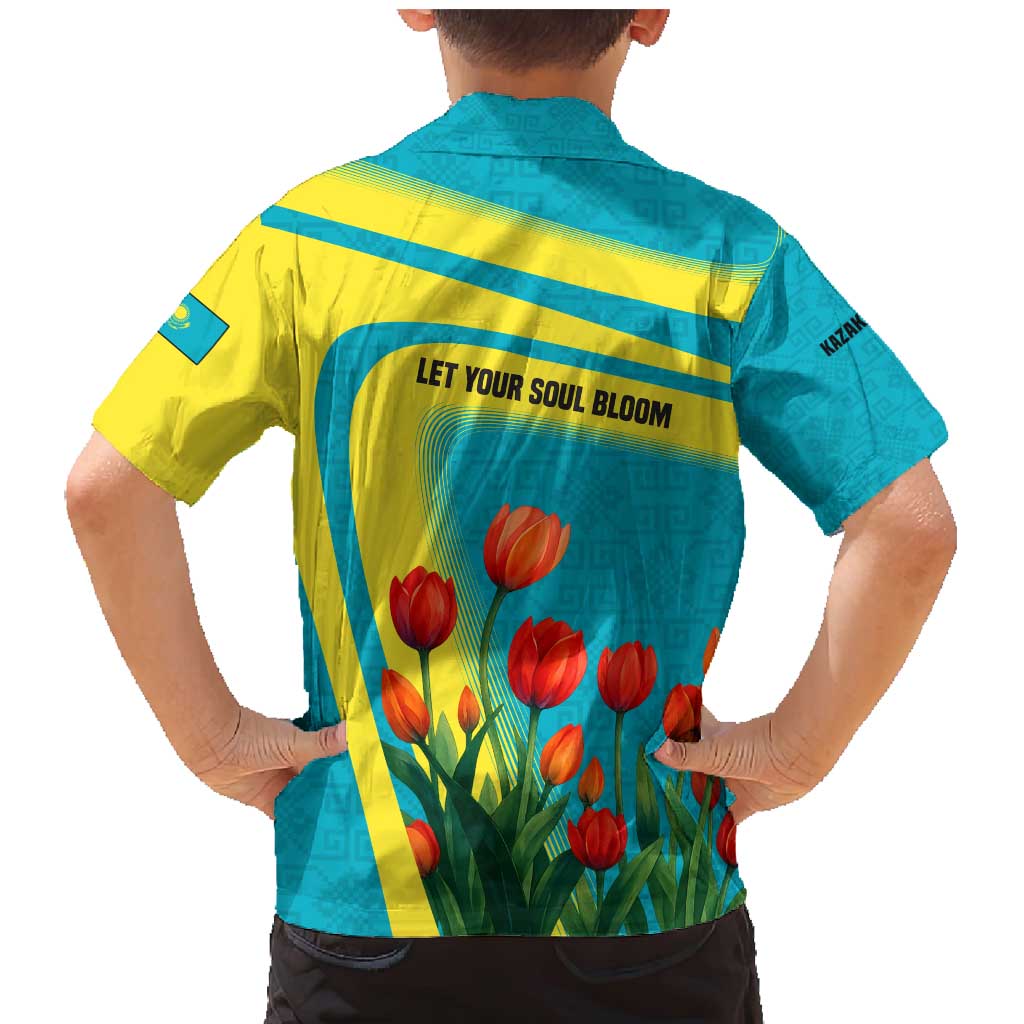 Kazakhstan National Flag Family Matching Mermaid Dress and Hawaiian Shirt with Red Tulip Bloom and Blue Yellow Ethnic Motif