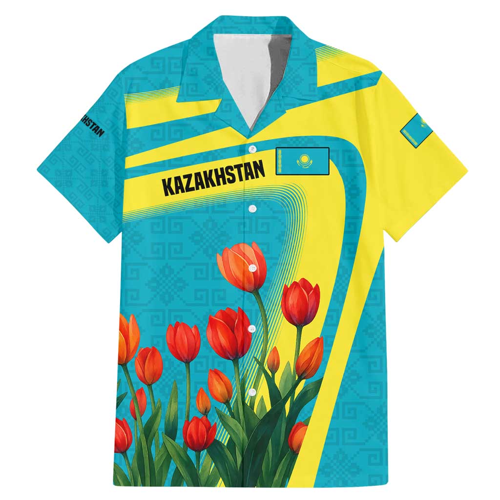 Kazakhstan National Flag Family Matching Mermaid Dress and Hawaiian Shirt with Red Tulip Bloom and Blue Yellow Ethnic Motif