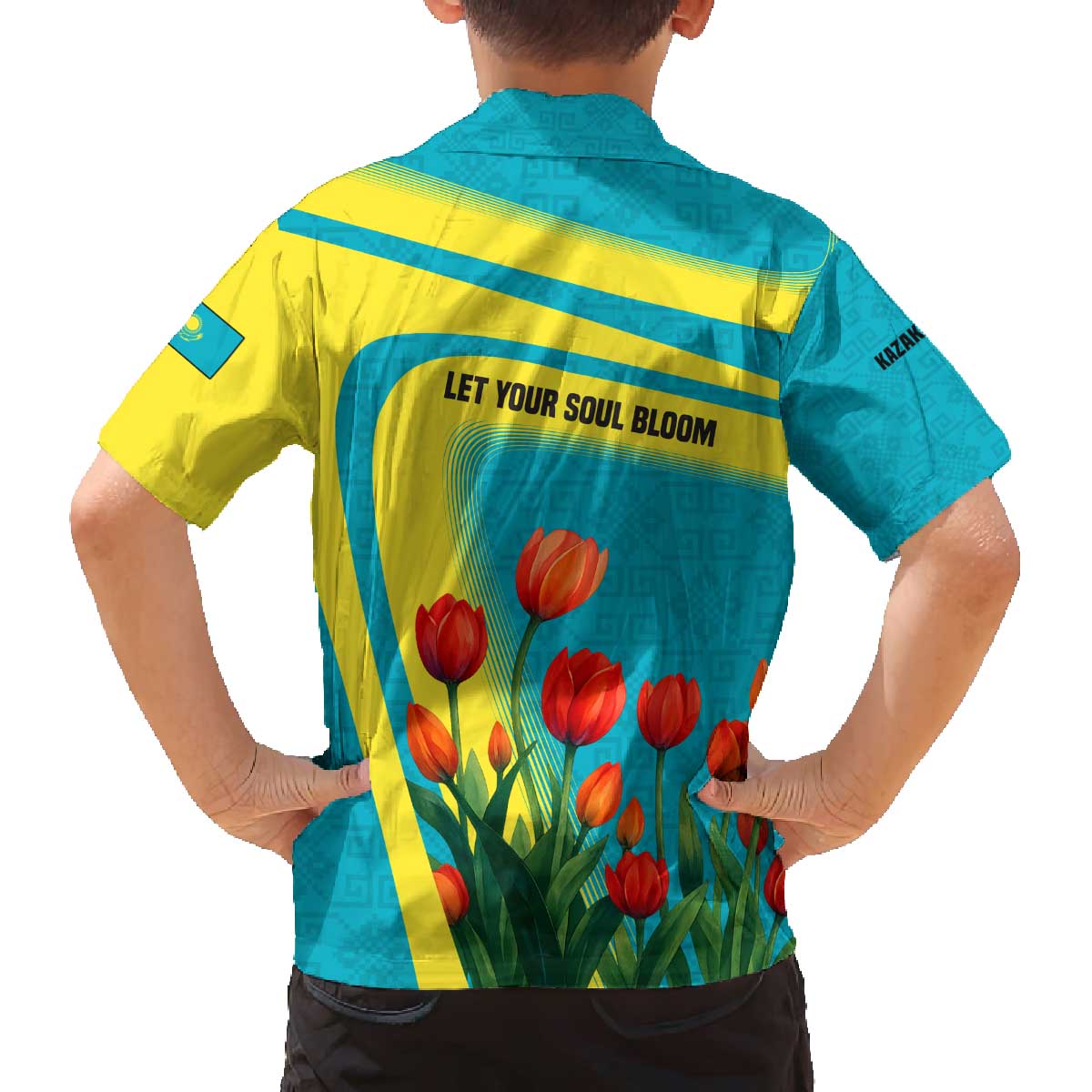 Kazakhstan National Flag Family Matching Off The Shoulder Long Sleeve Dress and Hawaiian Shirt with Red Tulip Bloom and Blue Yellow Ethnic Motif