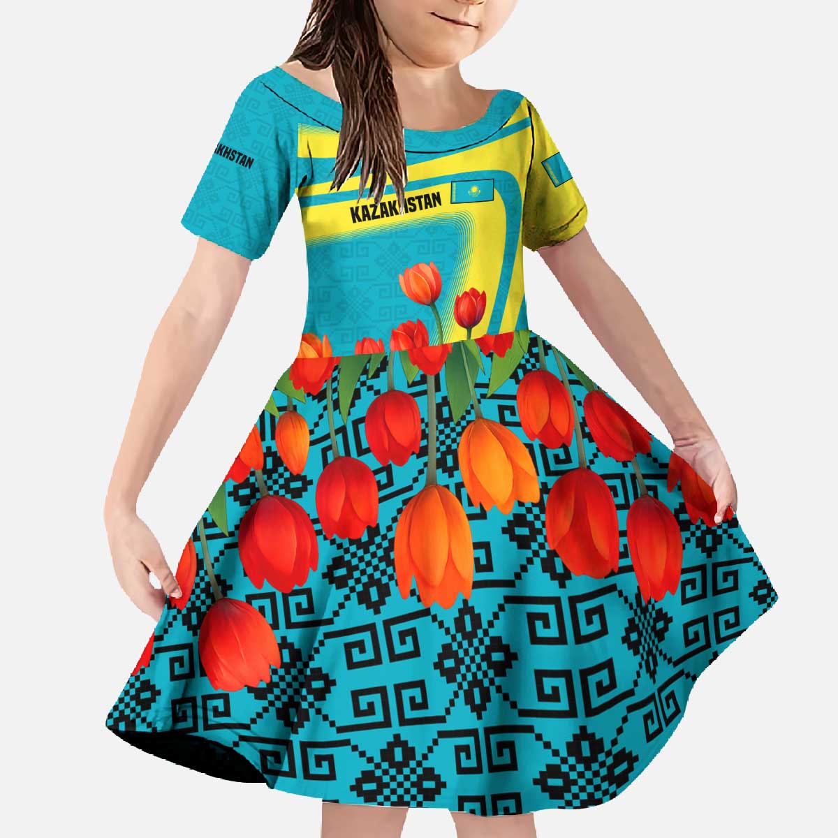 Kazakhstan National Flag Family Matching Off The Shoulder Long Sleeve Dress and Hawaiian Shirt with Red Tulip Bloom and Blue Yellow Ethnic Motif