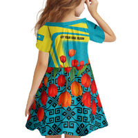 Kazakhstan National Flag Family Matching Off The Shoulder Long Sleeve Dress and Hawaiian Shirt with Red Tulip Bloom and Blue Yellow Ethnic Motif