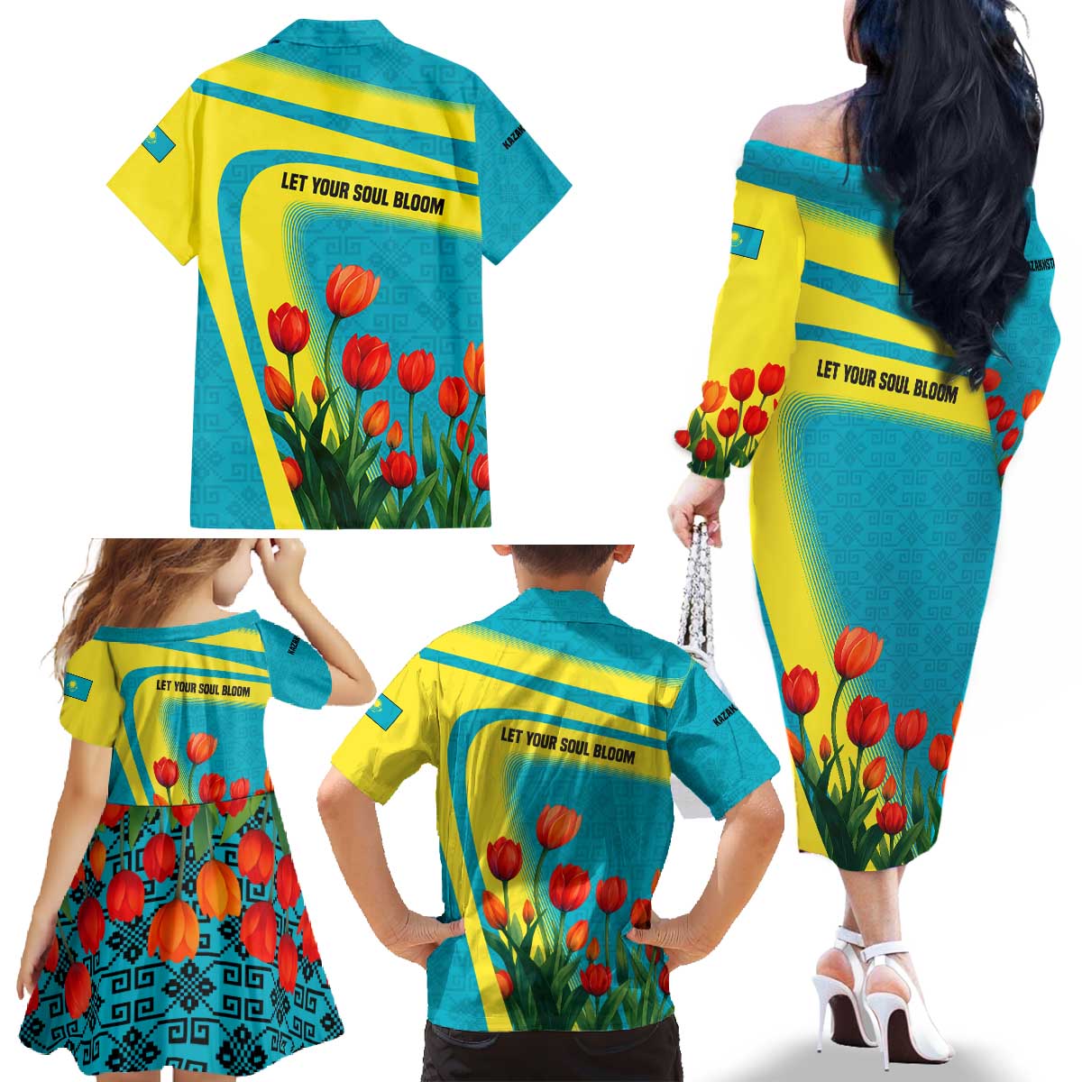 Kazakhstan National Flag Family Matching Off The Shoulder Long Sleeve Dress and Hawaiian Shirt with Red Tulip Bloom and Blue Yellow Ethnic Motif