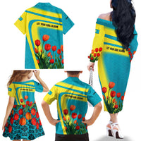 Kazakhstan National Flag Family Matching Off The Shoulder Long Sleeve Dress and Hawaiian Shirt with Red Tulip Bloom and Blue Yellow Ethnic Motif